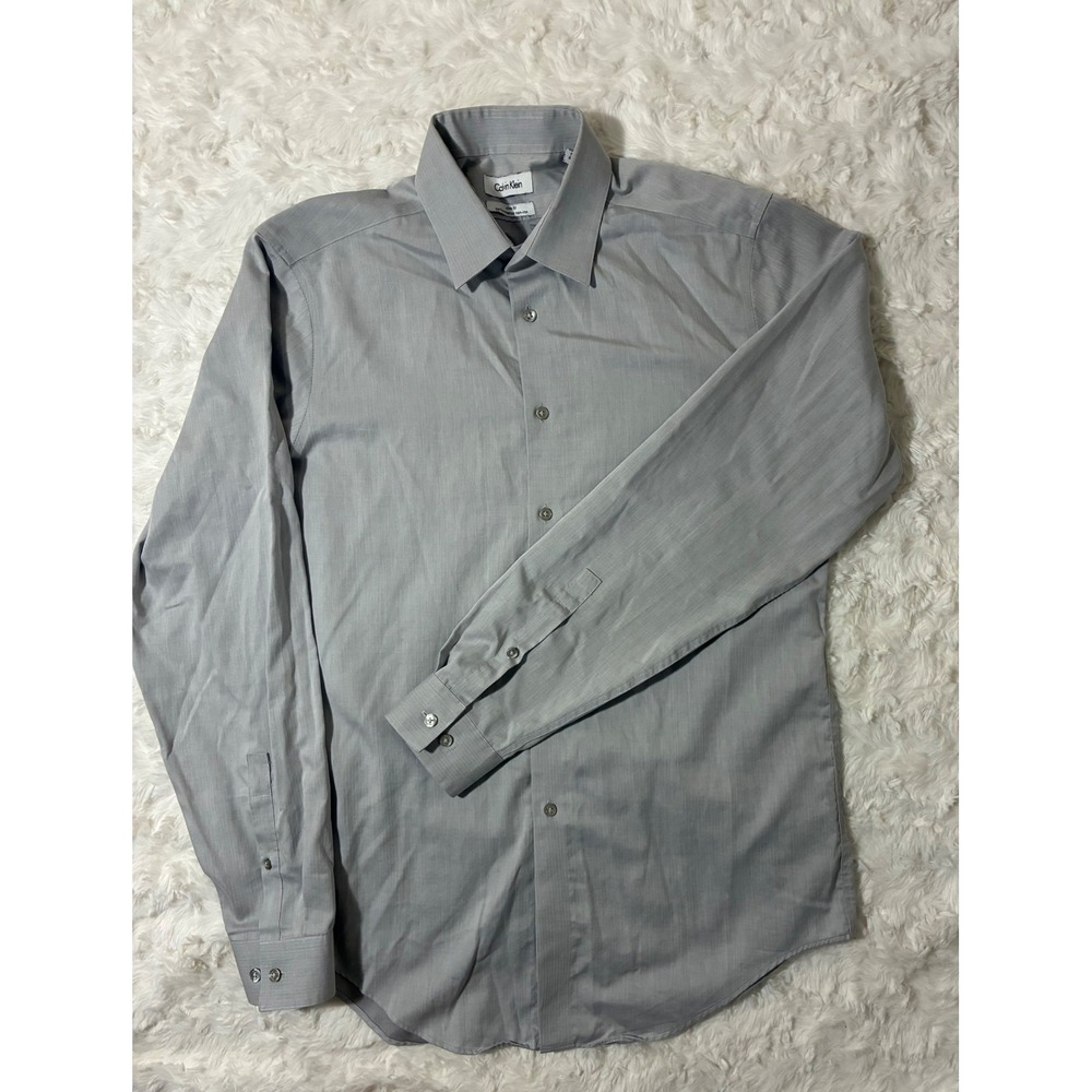 Calvin Klein Mens Slim Fit Performance Non-Iron Shirt‎ Gray Herringbone 15.5